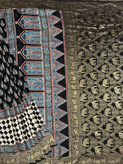 DHANYA:Handblock Ajrakh Dola Silk Saree with Meenakari Pallu
