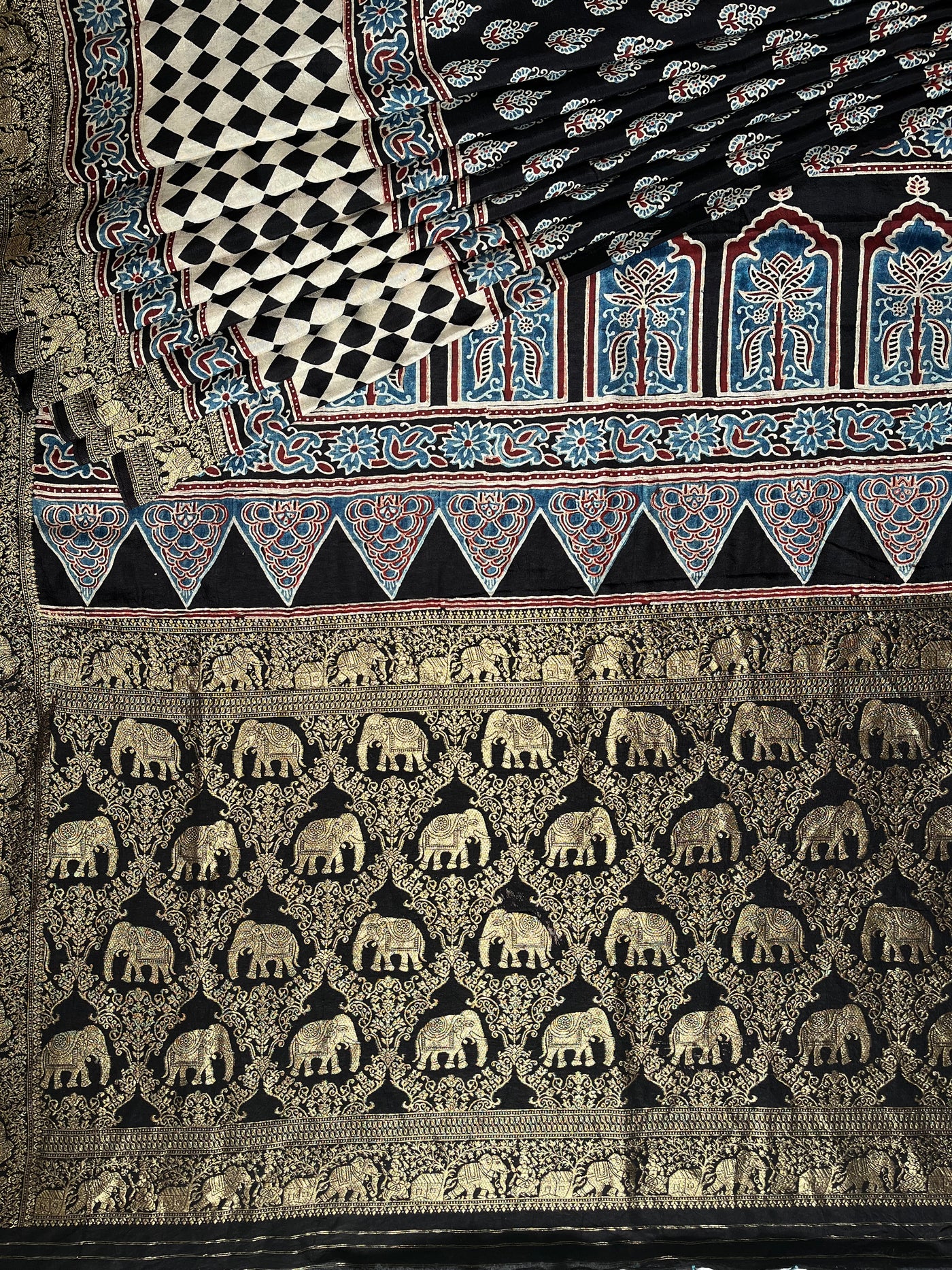 DHANYA:Handblock Ajrakh Dola Silk Saree with Meenakari Pallu
