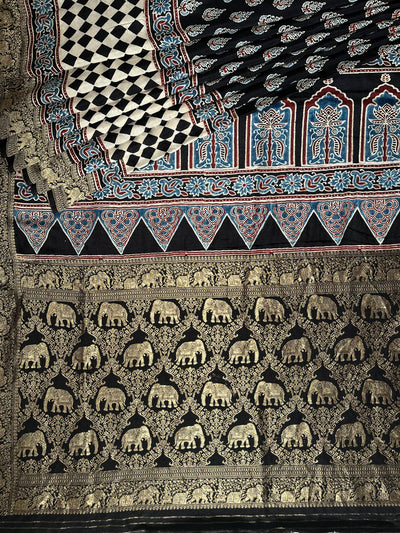 DHANYA:Handblock Ajrakh Dola Silk Saree with Meenakari Pallu