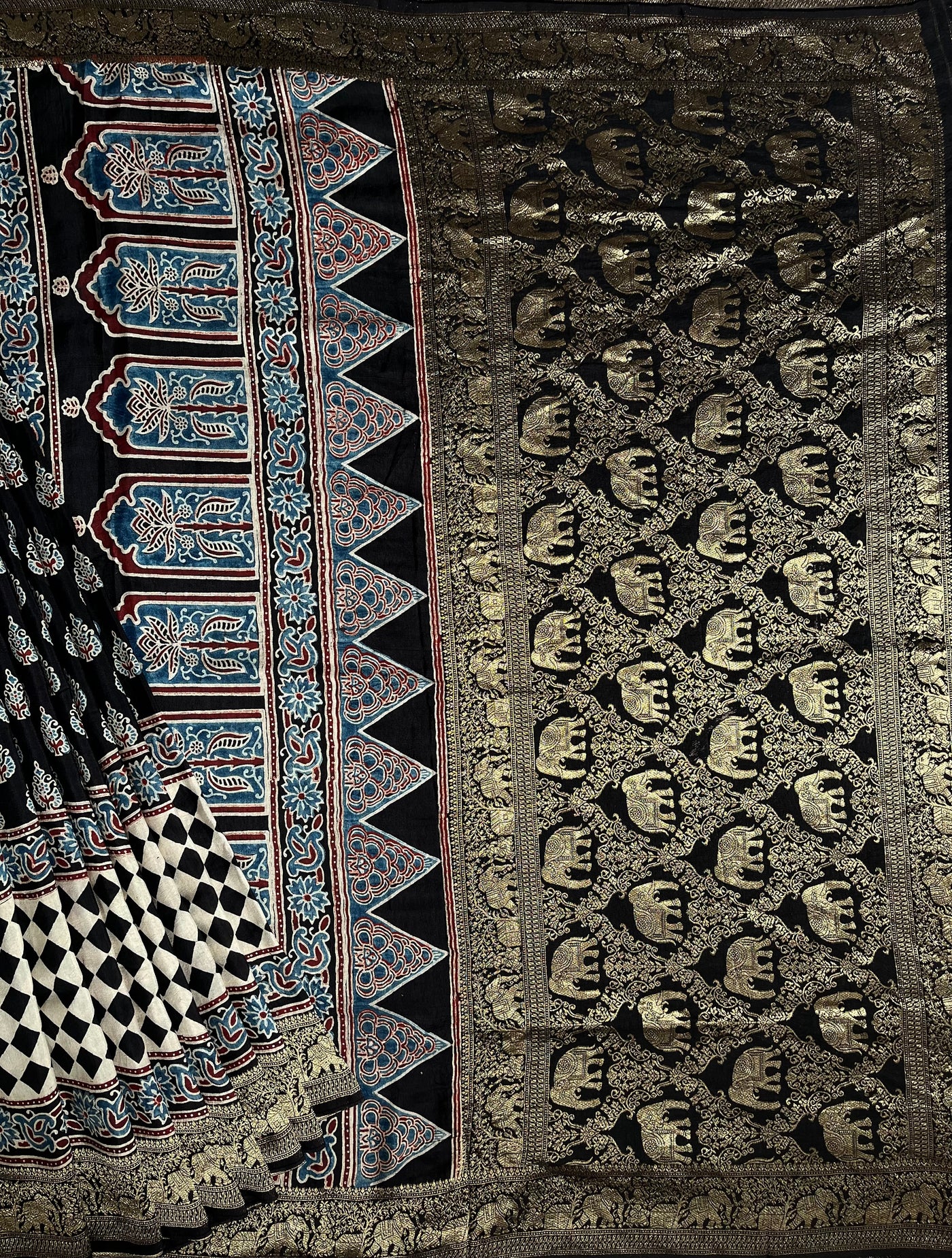 DHANYA:Handblock Ajrakh Dola Silk Saree with Meenakari Pallu
