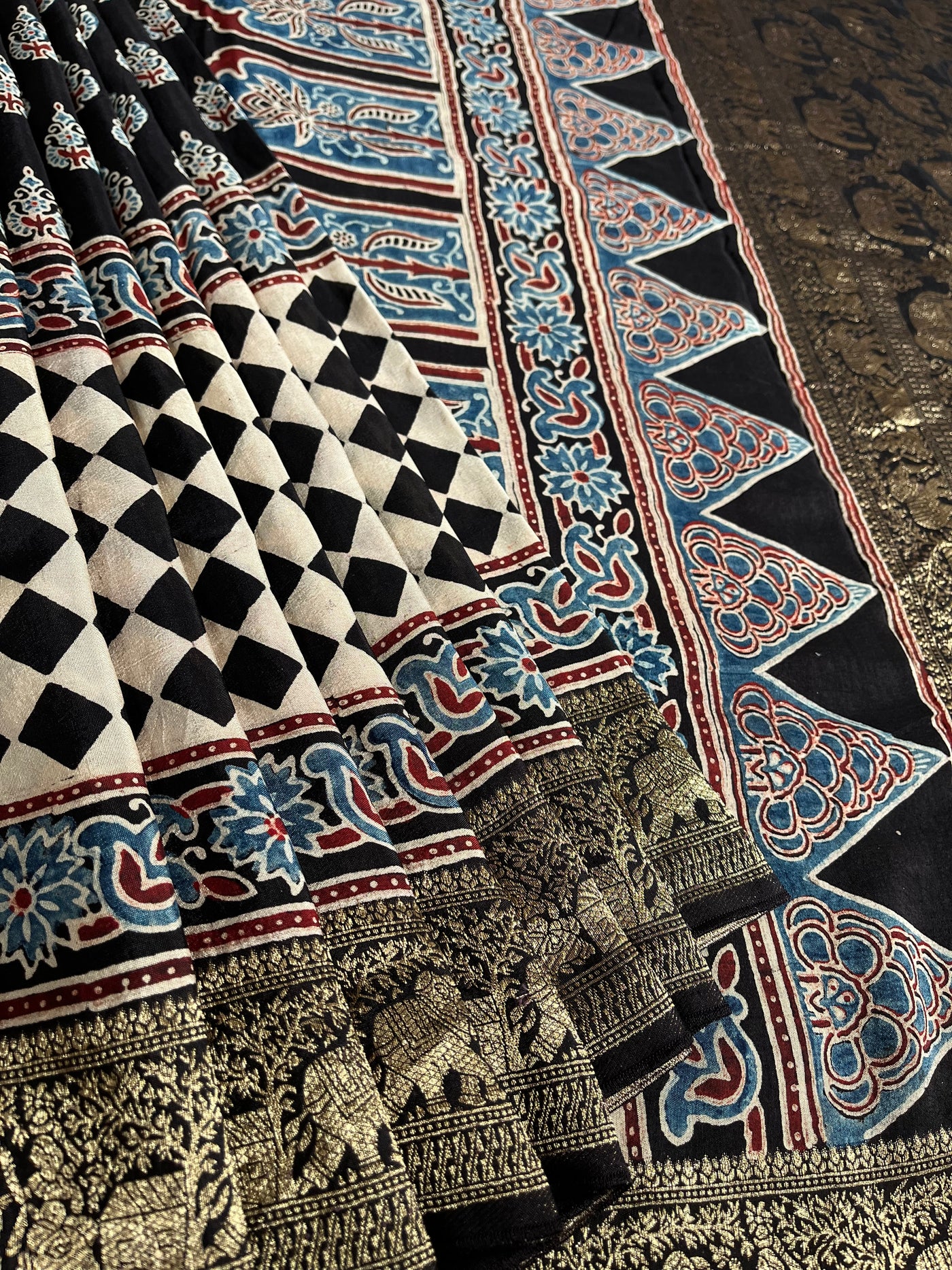 DHANYA:Handblock Ajrakh Dola Silk Saree with Meenakari Pallu