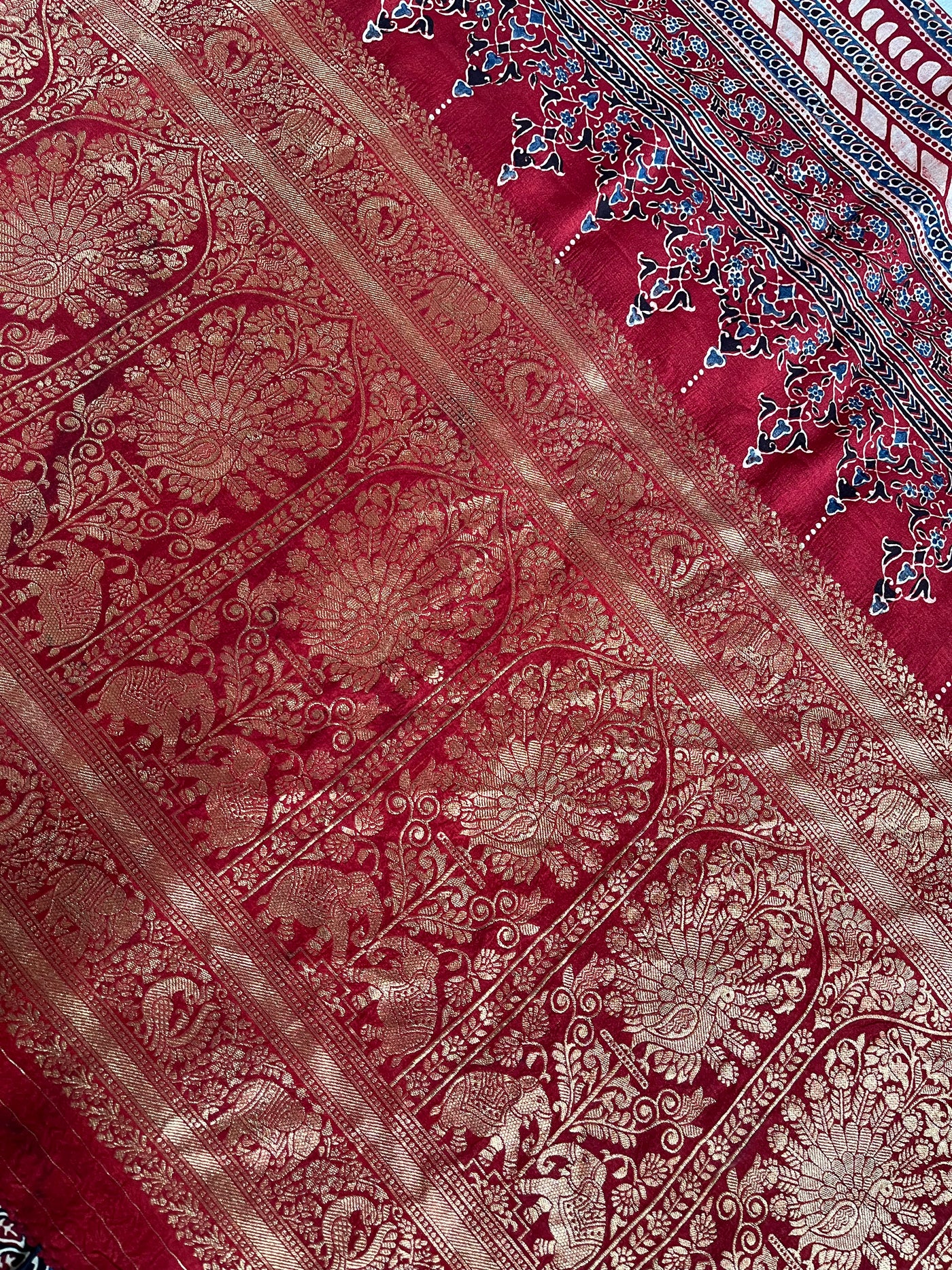 BHAVYA:Handblock Ajrakh Dola Silk Saree with Meenakari Pallu