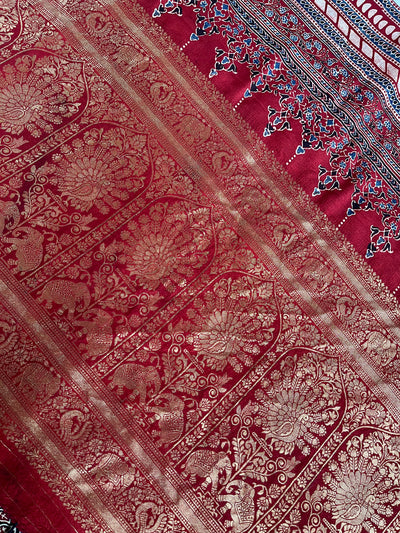 BHAVYA:Handblock Ajrakh Dola Silk Saree with Meenakari Pallu