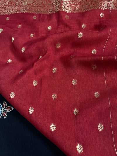BHAVYA:Handblock Ajrakh Dola Silk Saree with Meenakari Pallu