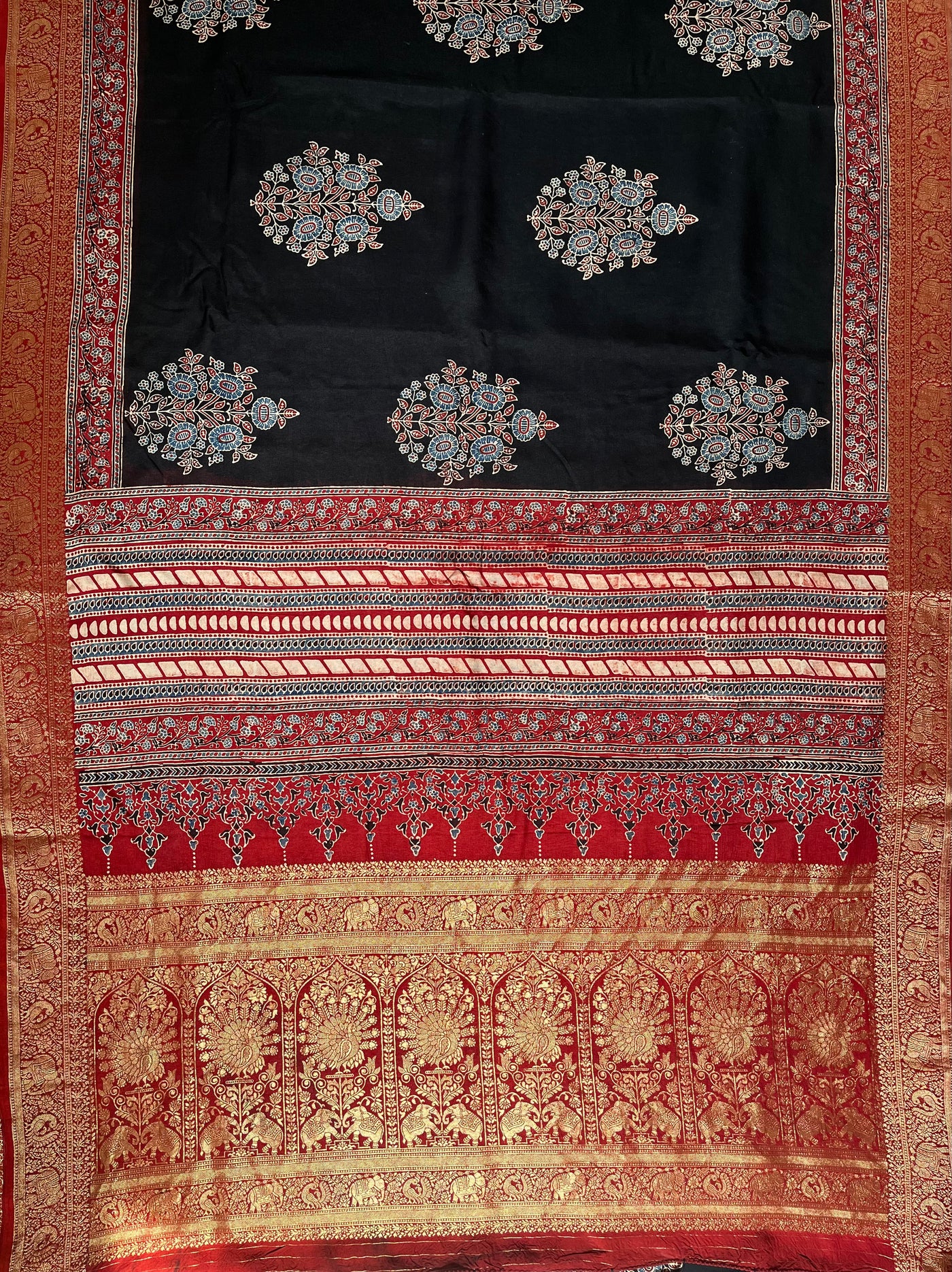 BHAVYA:Handblock Ajrakh Dola Silk Saree with Meenakari Pallu