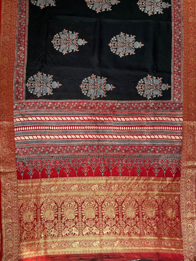BHAVYA:Handblock Ajrakh Dola Silk Saree with Meenakari Pallu