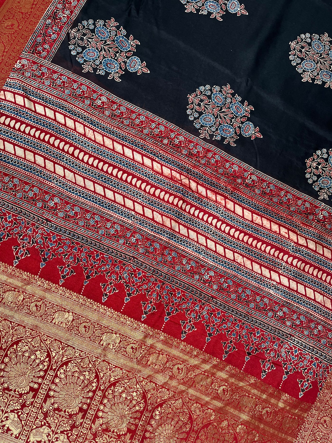 BHAVYA:Handblock Ajrakh Dola Silk Saree with Meenakari Pallu