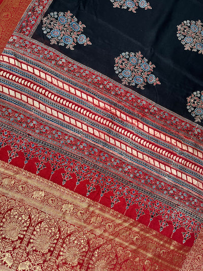 BHAVYA:Handblock Ajrakh Dola Silk Saree with Meenakari Pallu