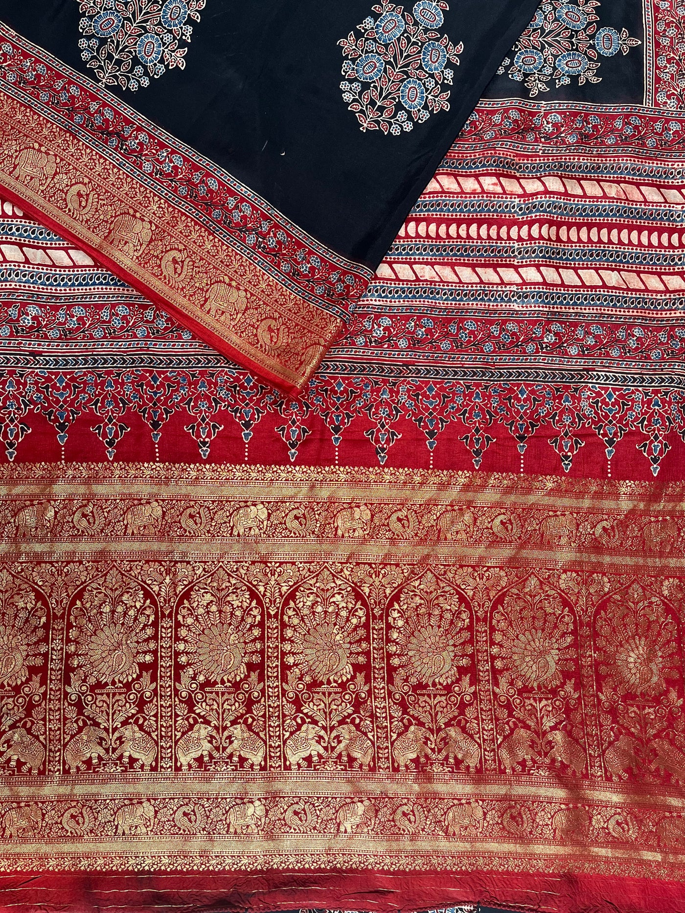 BHAVYA:Handblock Ajrakh Dola Silk Saree with Meenakari Pallu