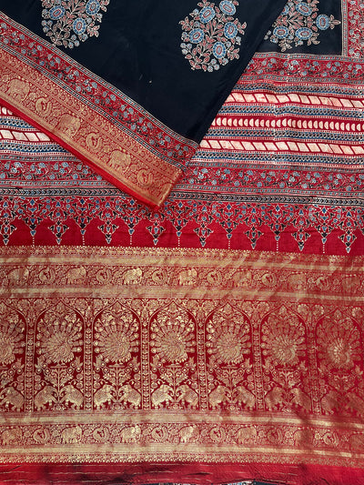 BHAVYA:Handblock Ajrakh Dola Silk Saree with Meenakari Pallu