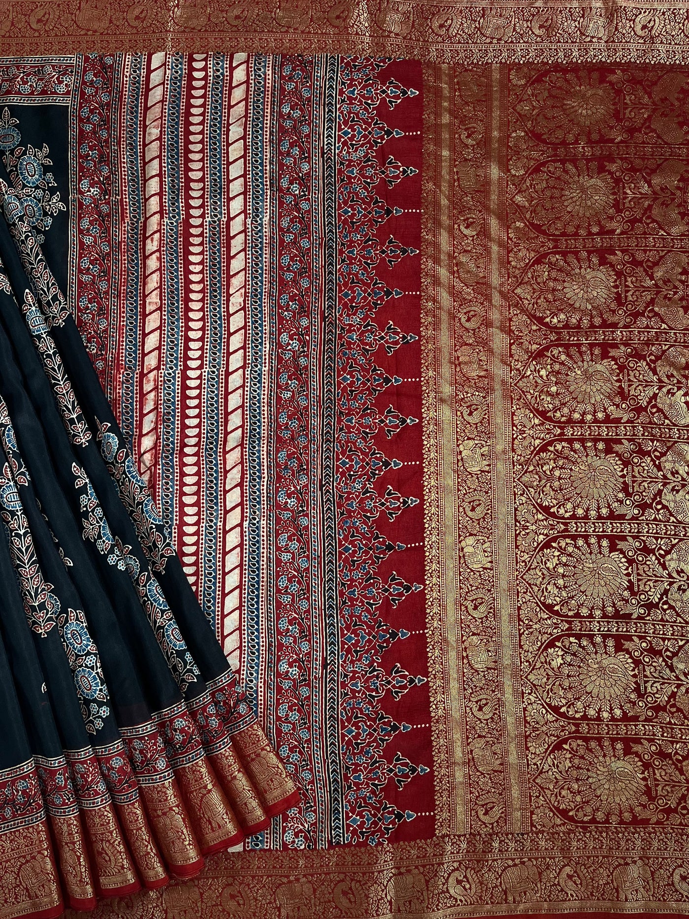BHAVYA:Handblock Ajrakh Dola Silk Saree with Meenakari Pallu