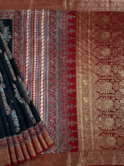 BHAVYA:Handblock Ajrakh Dola Silk Saree with Meenakari Pallu
