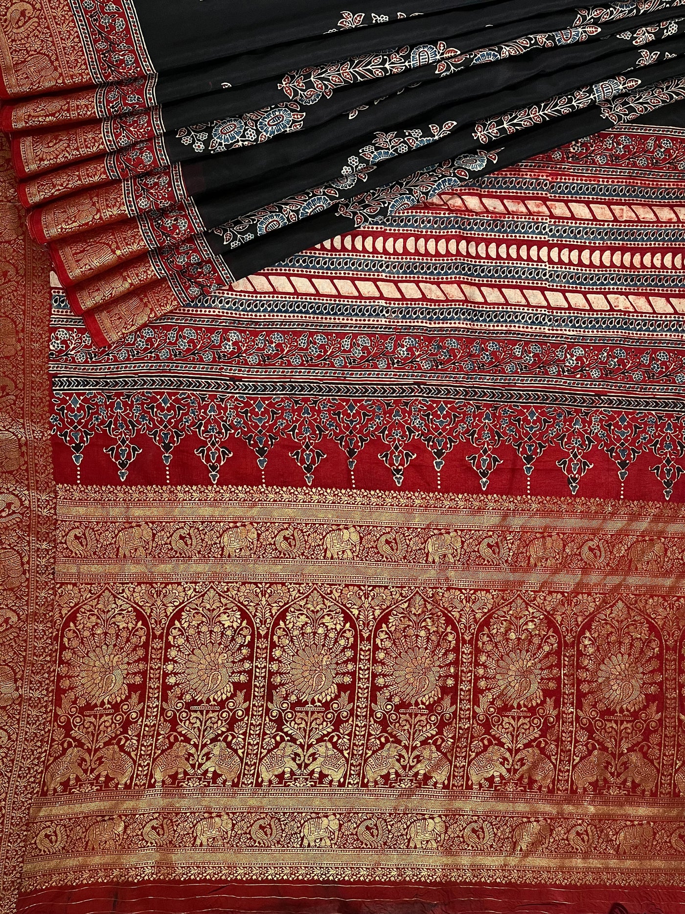 BHAVYA:Handblock Ajrakh Dola Silk Saree with Meenakari Pallu