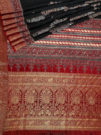 BHAVYA:Handblock Ajrakh Dola Silk Saree with Meenakari Pallu