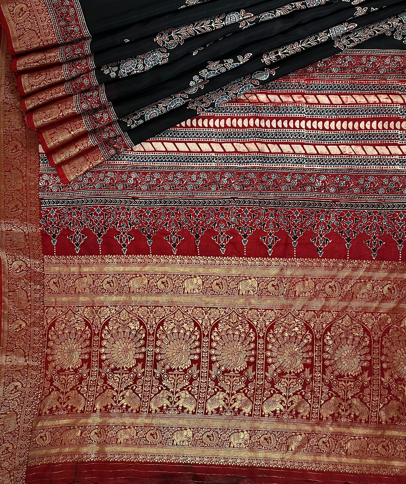 BHAVYA:Handblock Ajrakh Dola Silk Saree with Meenakari Pallu