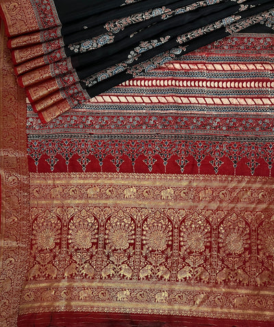 BHAVYA:Handblock Ajrakh Dola Silk Saree with Meenakari Pallu