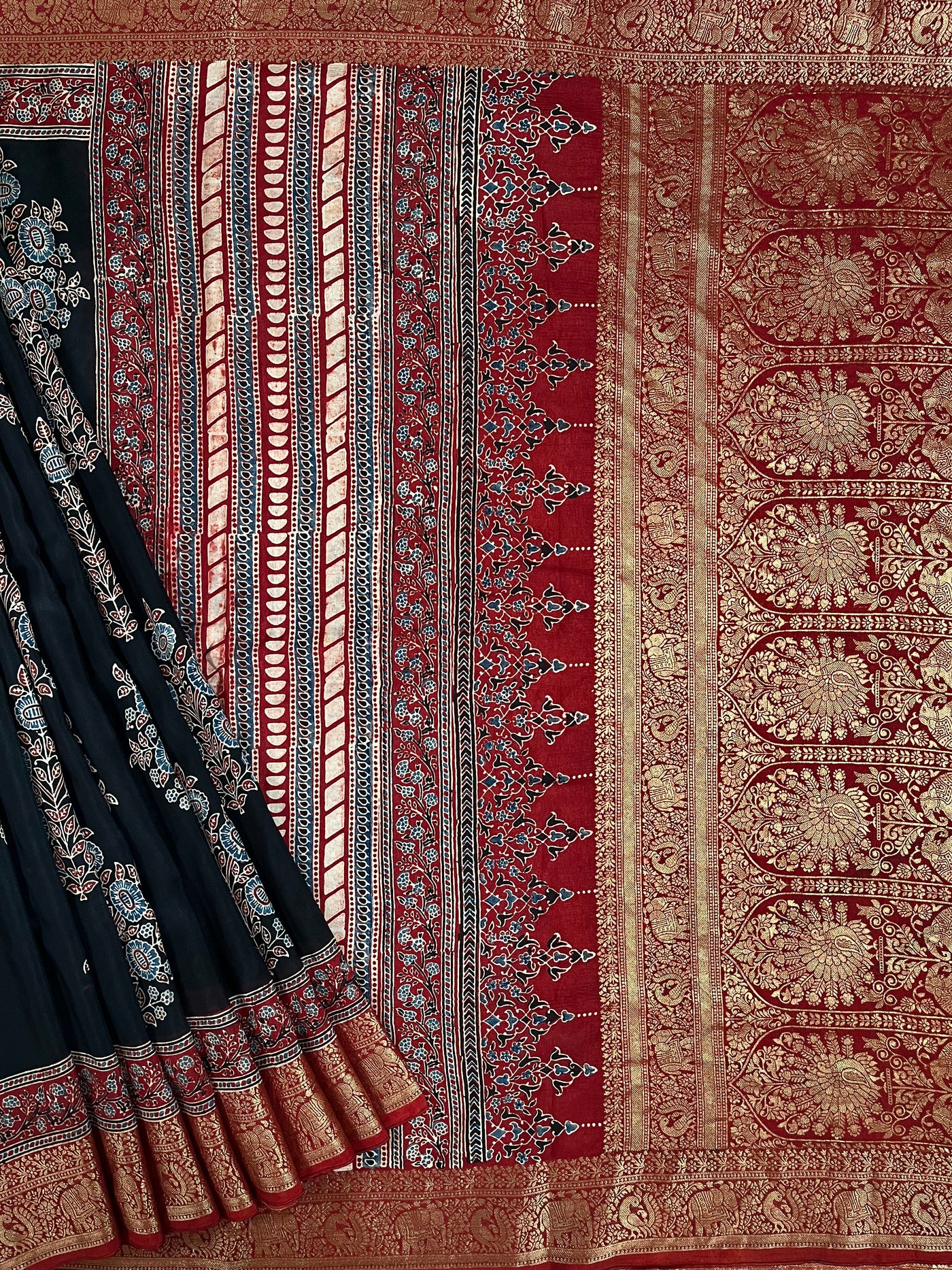 BHAVYA:Handblock Ajrakh Dola Silk Saree with Meenakari Pallu