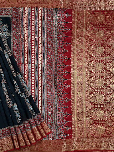 BHAVYA:Handblock Ajrakh Dola Silk Saree with Meenakari Pallu