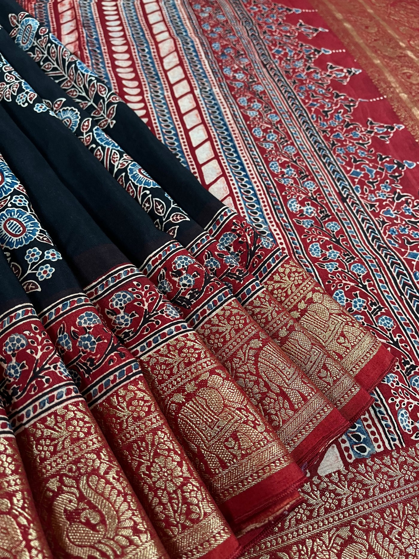 BHAVYA:Handblock Ajrakh Dola Silk Saree with Meenakari Pallu