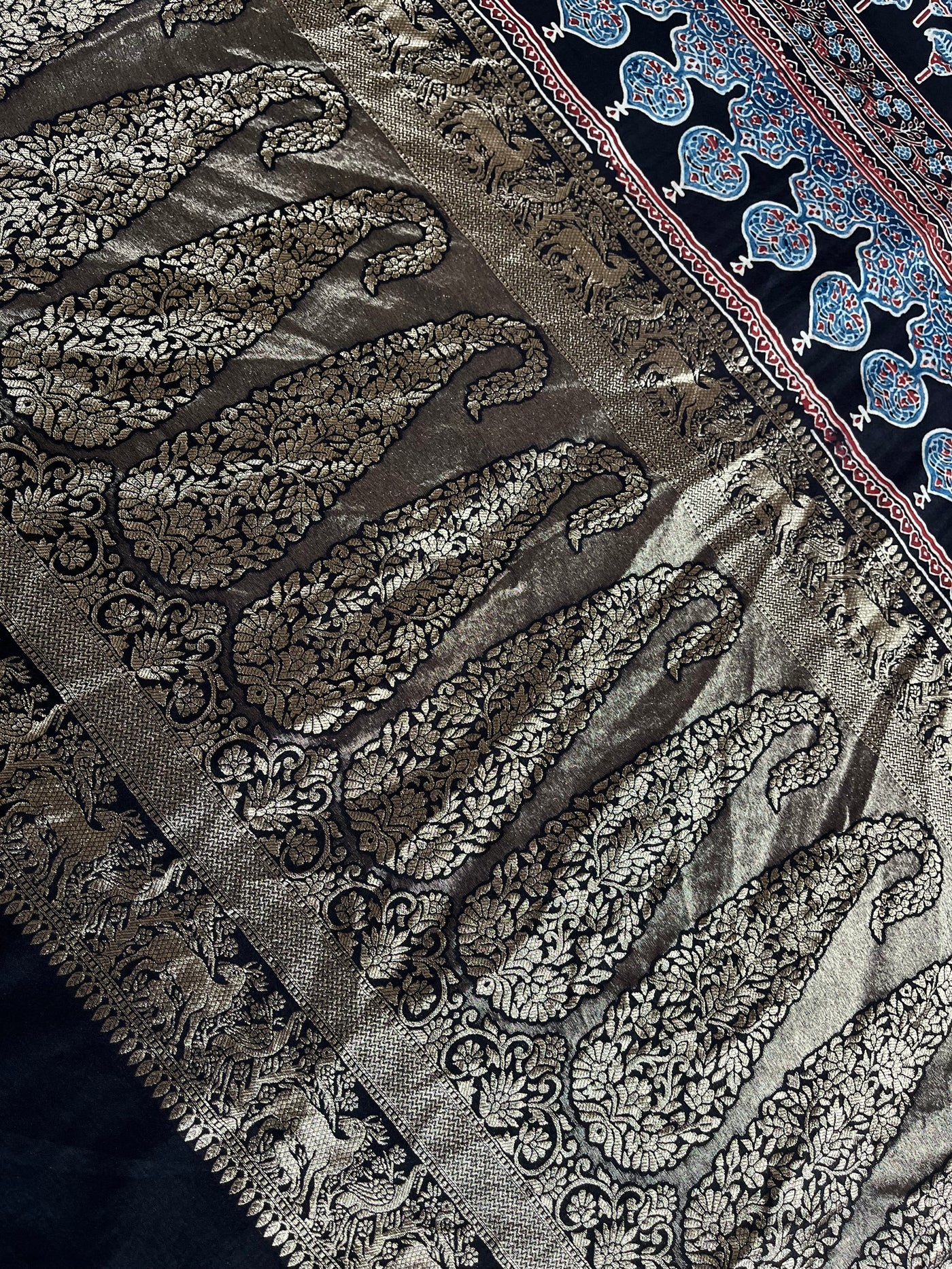 GUNGUN:Handblock Ajrakh Dola Silk Saree with Meenakari Pallu
