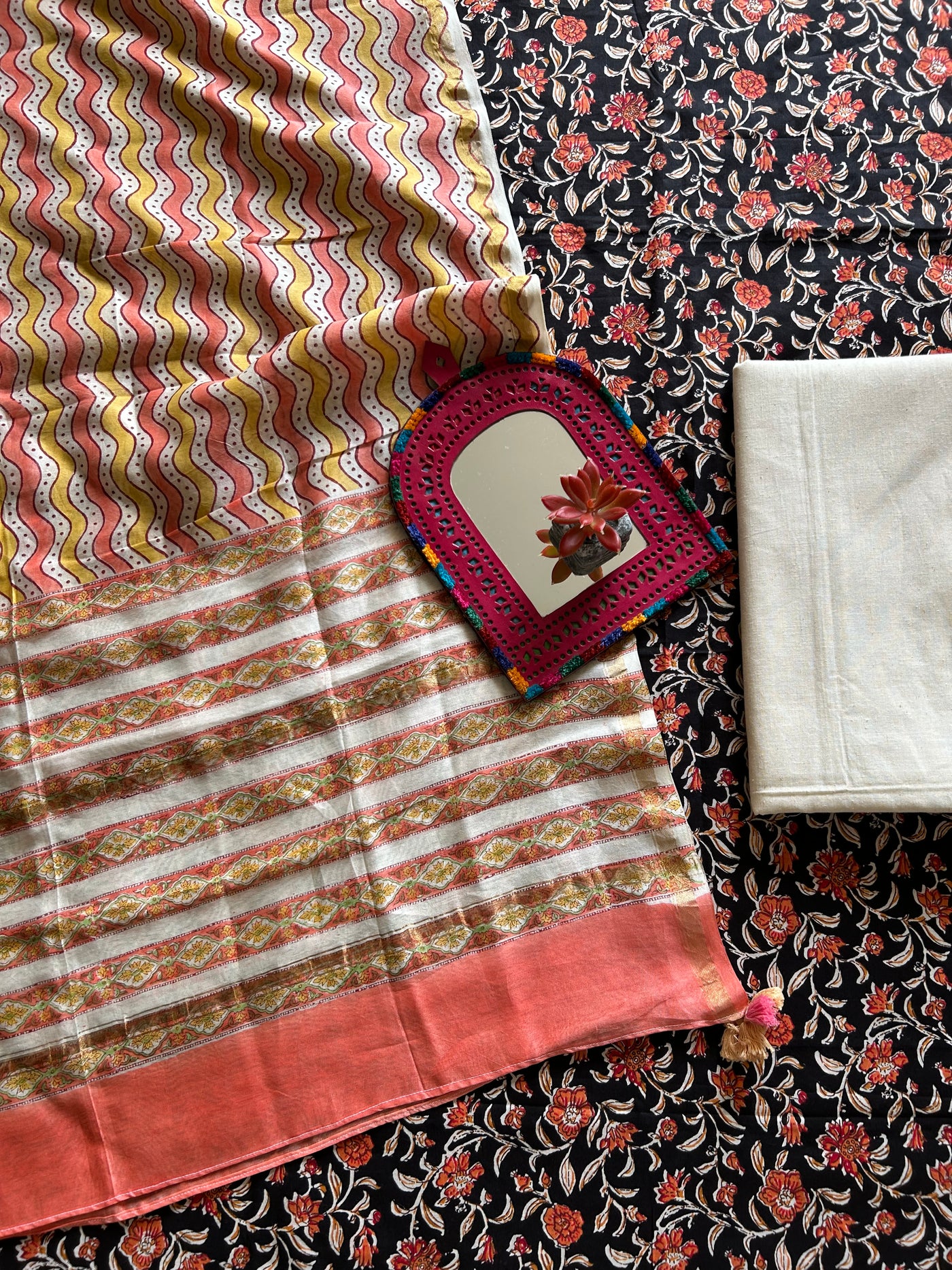 PHOOL: HANDBLOCK PRINTED COTTON 3 PIECE SUIT SET WITH CHANDERI DUPATTA