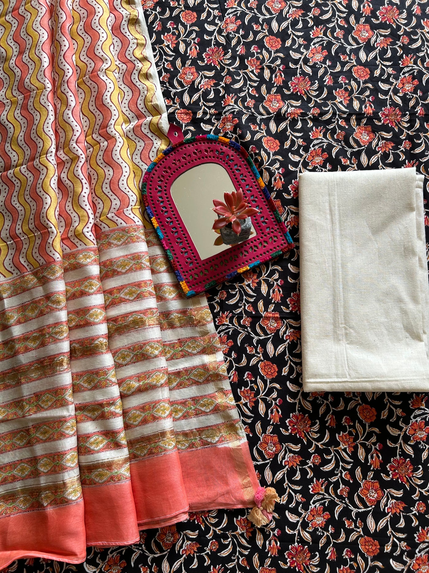 PHOOL: HANDBLOCK PRINTED COTTON 3 PIECE SUIT SET WITH CHANDERI DUPATTA