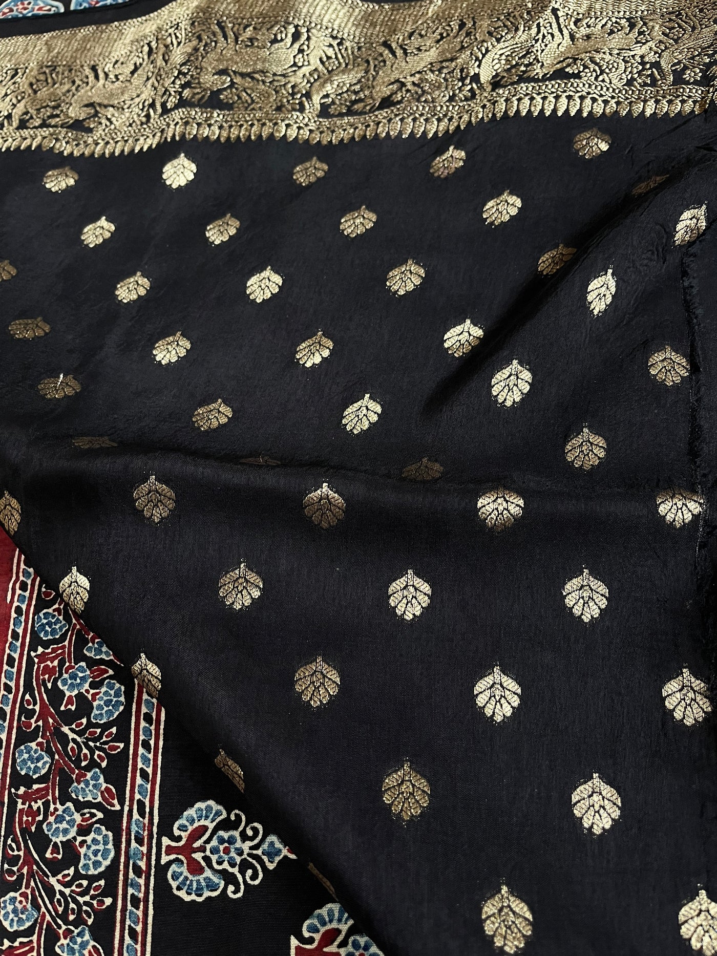 GUNGUN:Handblock Ajrakh Dola Silk Saree with Meenakari Pallu