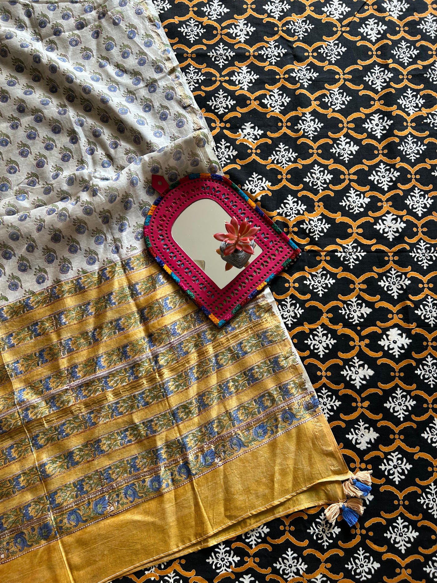 NAYAN: HANDBLOCK PRINTED COTTON 3 PIECE SUIT SET WITH CHANDERI DUPATTA