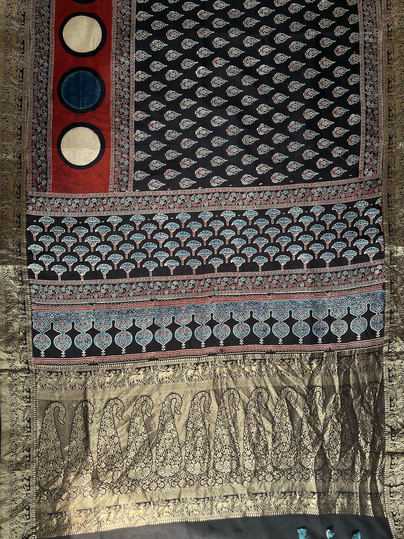 GUNGUN:Handblock Ajrakh Dola Silk Saree with Meenakari Pallu
