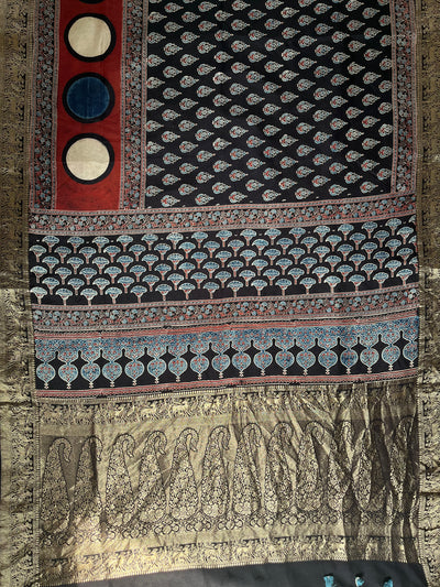 GUNGUN:Handblock Ajrakh Dola Silk Saree with Meenakari Pallu