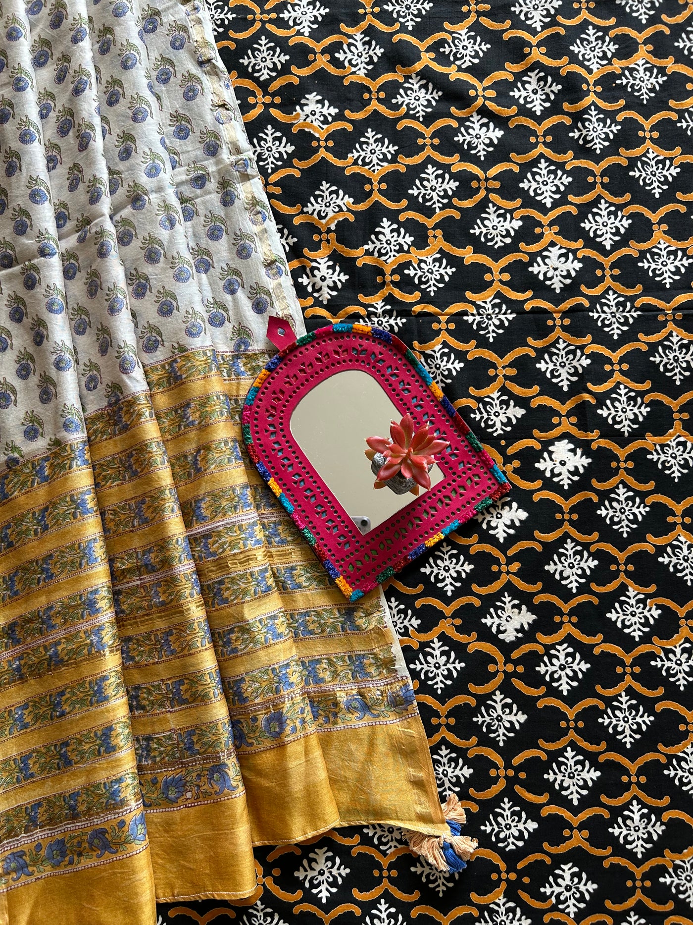 NAYAN: HANDBLOCK PRINTED COTTON 3 PIECE SUIT SET WITH CHANDERI DUPATTA