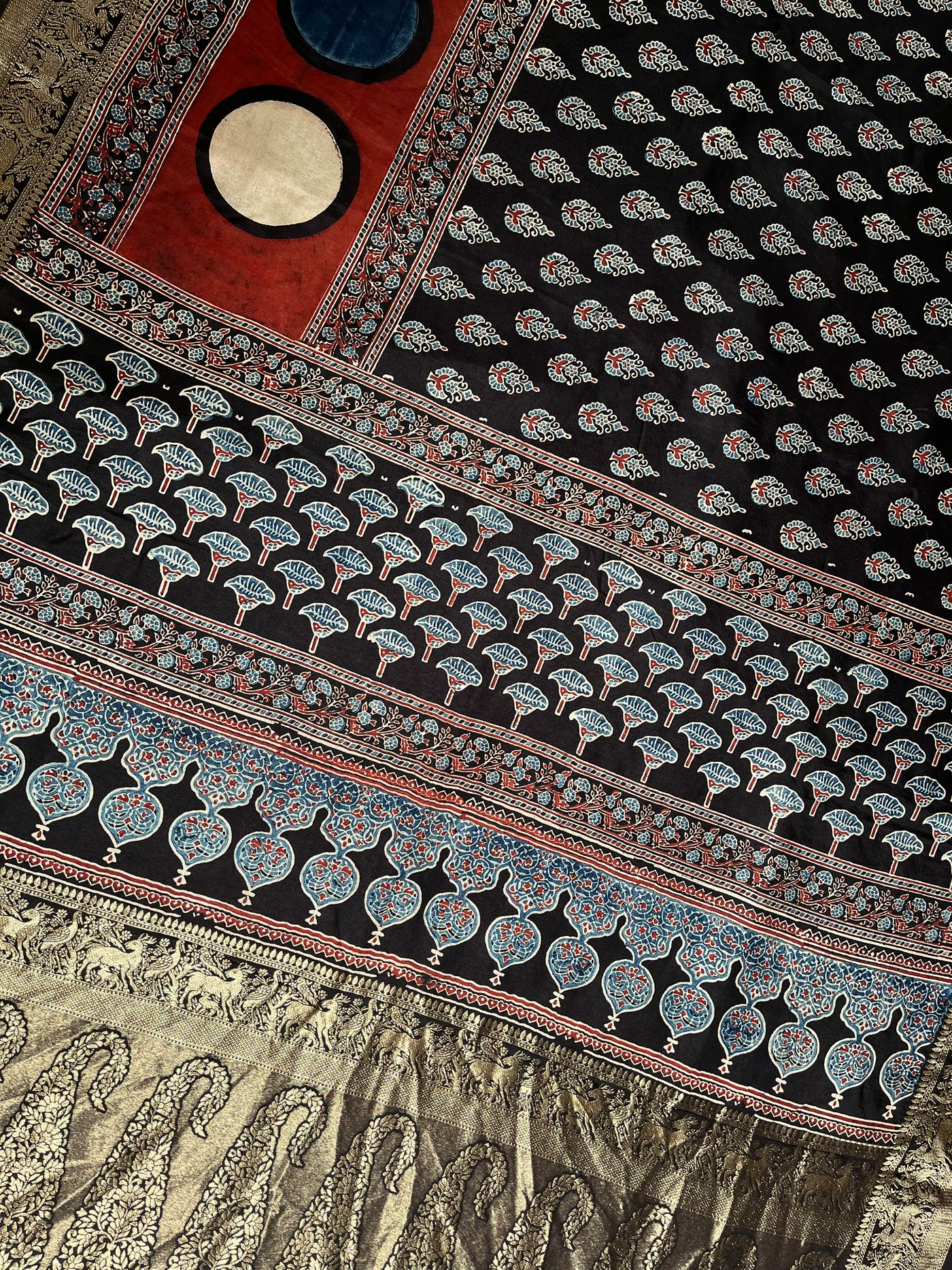 GUNGUN:Handblock Ajrakh Dola Silk Saree with Meenakari Pallu