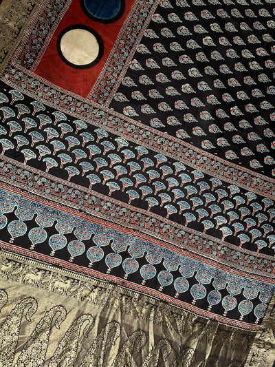 GUNGUN:Handblock Ajrakh Dola Silk Saree with Meenakari Pallu