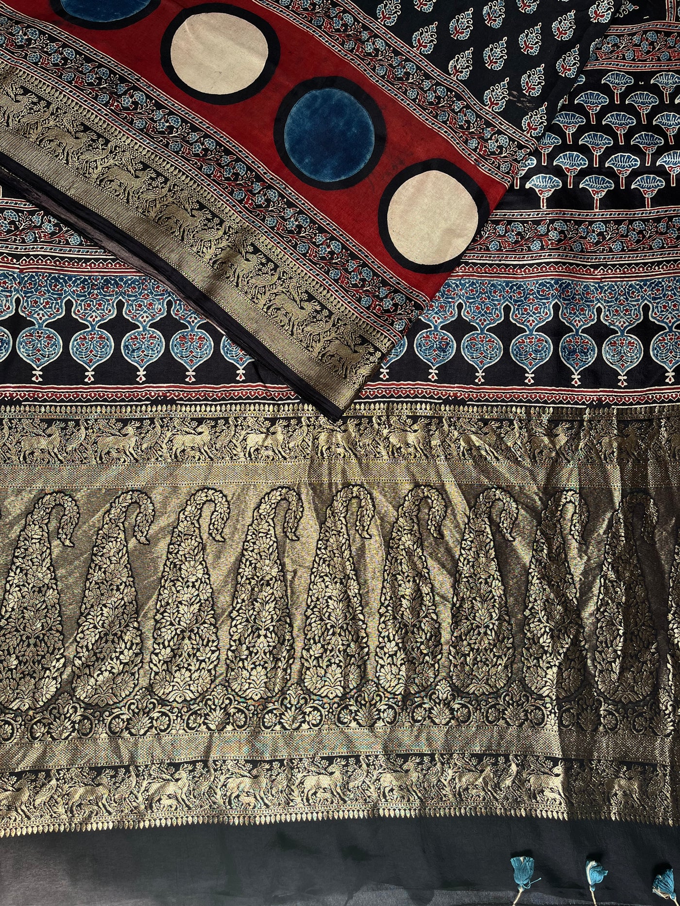 GUNGUN:Handblock Ajrakh Dola Silk Saree with Meenakari Pallu