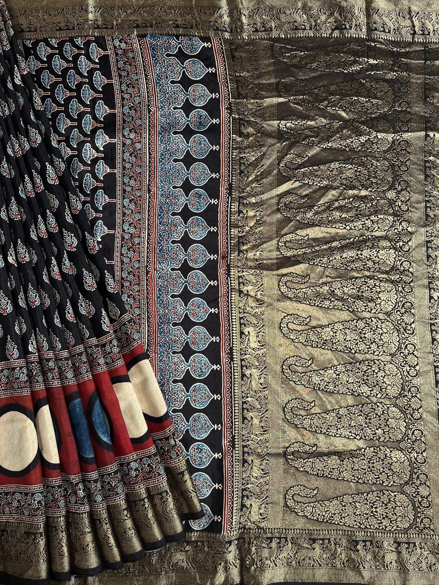 GUNGUN:Handblock Ajrakh Dola Silk Saree with Meenakari Pallu