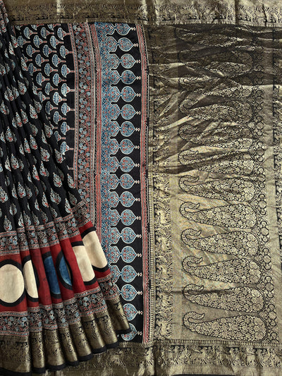 GUNGUN:Handblock Ajrakh Dola Silk Saree with Meenakari Pallu
