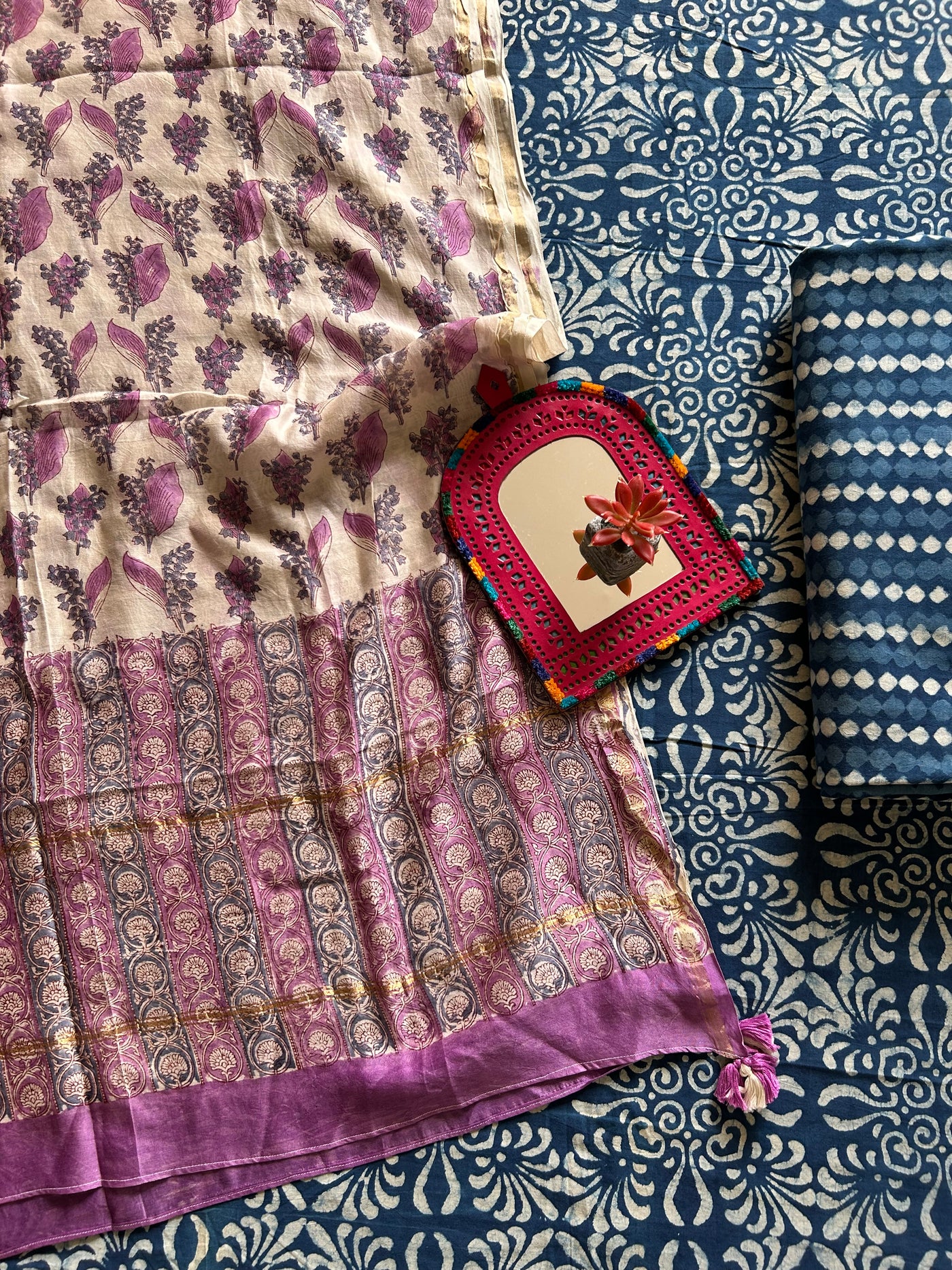 NEELAMBARI: HANDBLOCK PRINTED COTTON 3 PIECE SUIT SET WITH CHANDERI DUPATTA