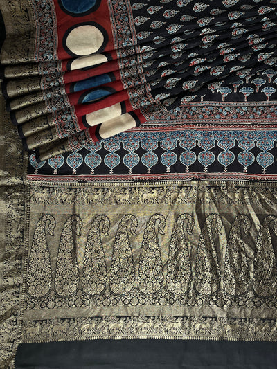 GUNGUN:Handblock Ajrakh Dola Silk Saree with Meenakari Pallu