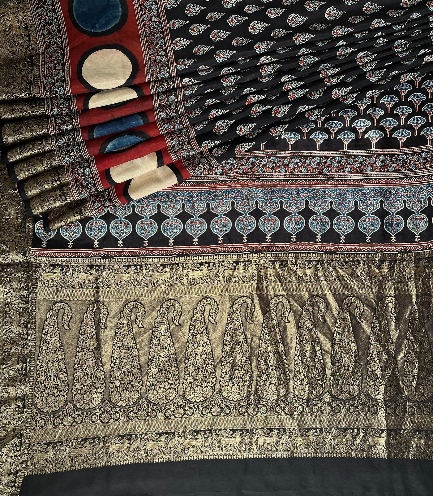 GUNGUN:Handblock Ajrakh Dola Silk Saree with Meenakari Pallu