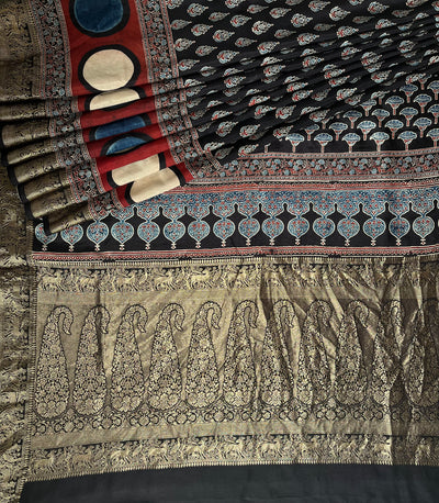 GUNGUN:Handblock Ajrakh Dola Silk Saree with Meenakari Pallu