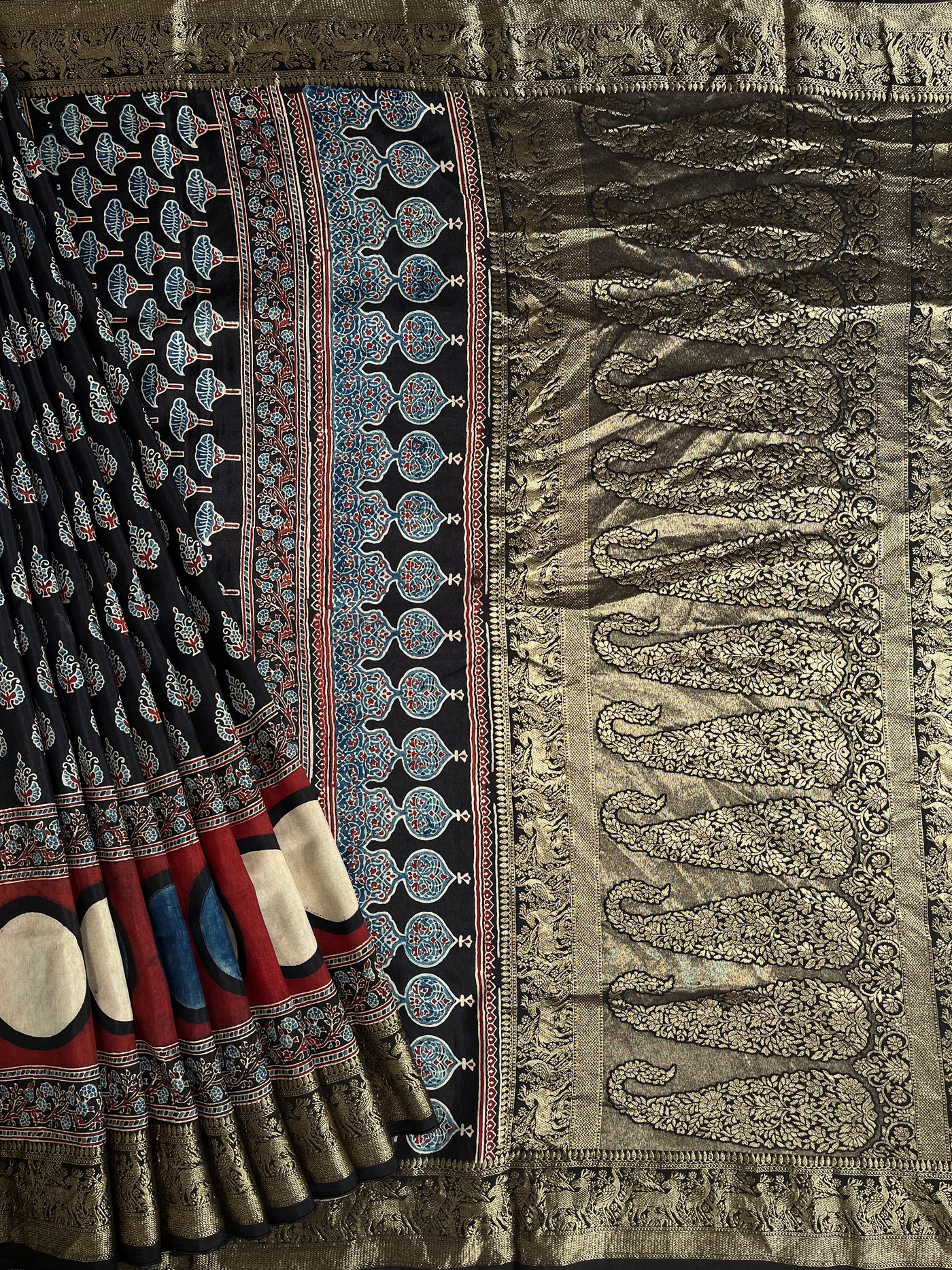 GUNGUN:Handblock Ajrakh Dola Silk Saree with Meenakari Pallu