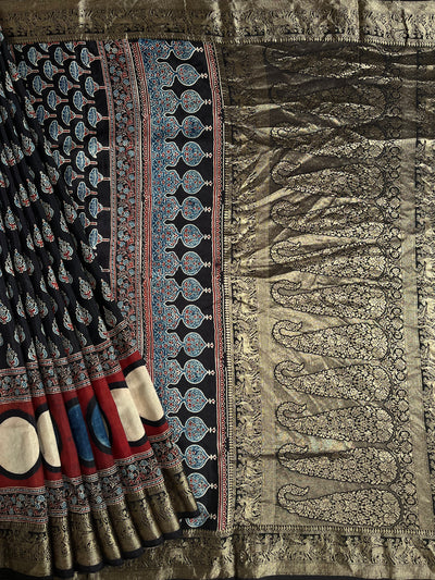 GUNGUN:Handblock Ajrakh Dola Silk Saree with Meenakari Pallu