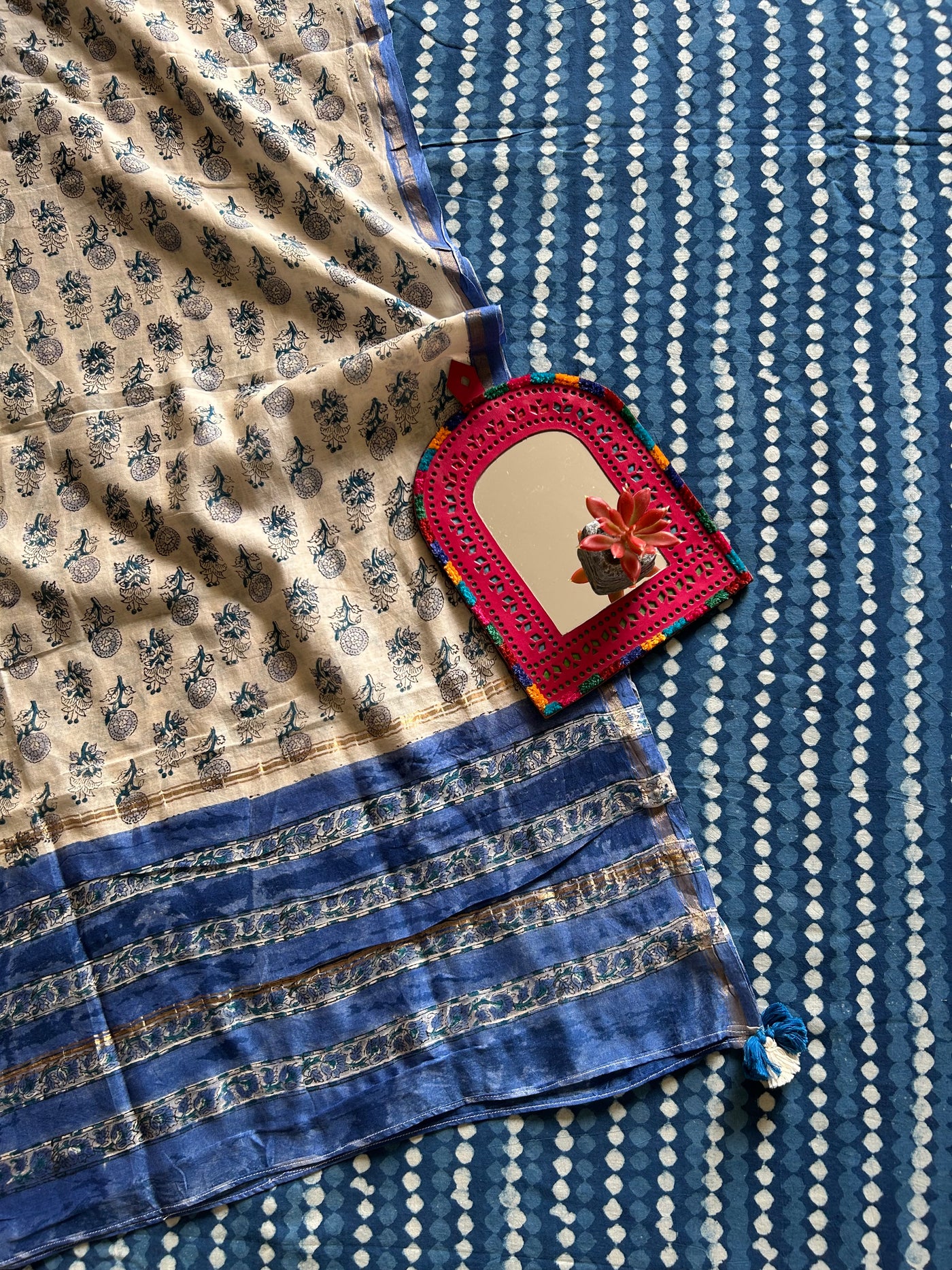 KRISHNA: HANDBLOCK PRINTED COTTON 3 PIECE SUIT SET WITH CHANDERI DUPATTA