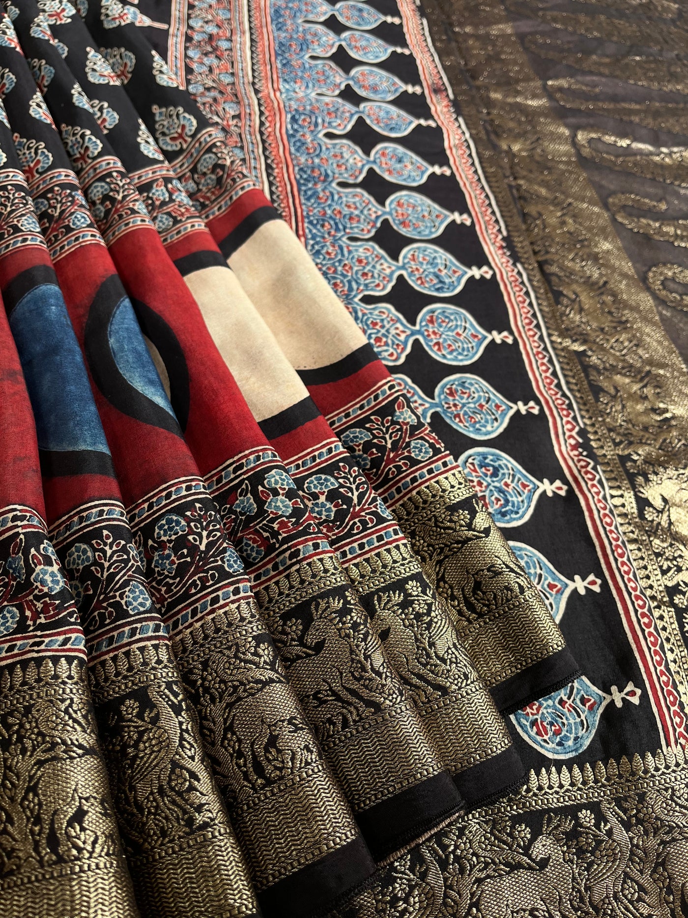 GUNGUN:Handblock Ajrakh Dola Silk Saree with Meenakari Pallu
