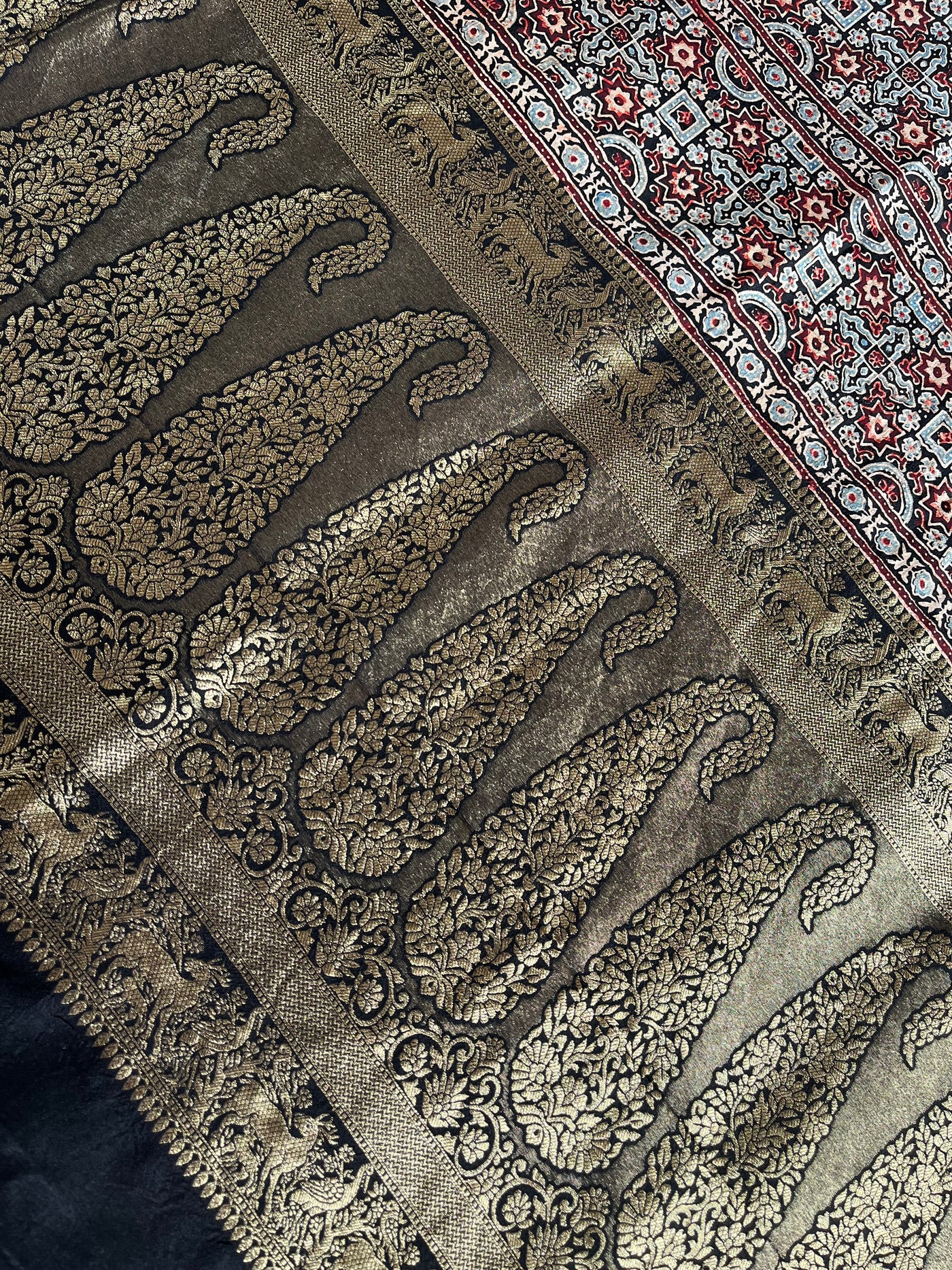 PRACHI:Handblock Ajrakh Dola Silk Saree with Meenakari Pallu
