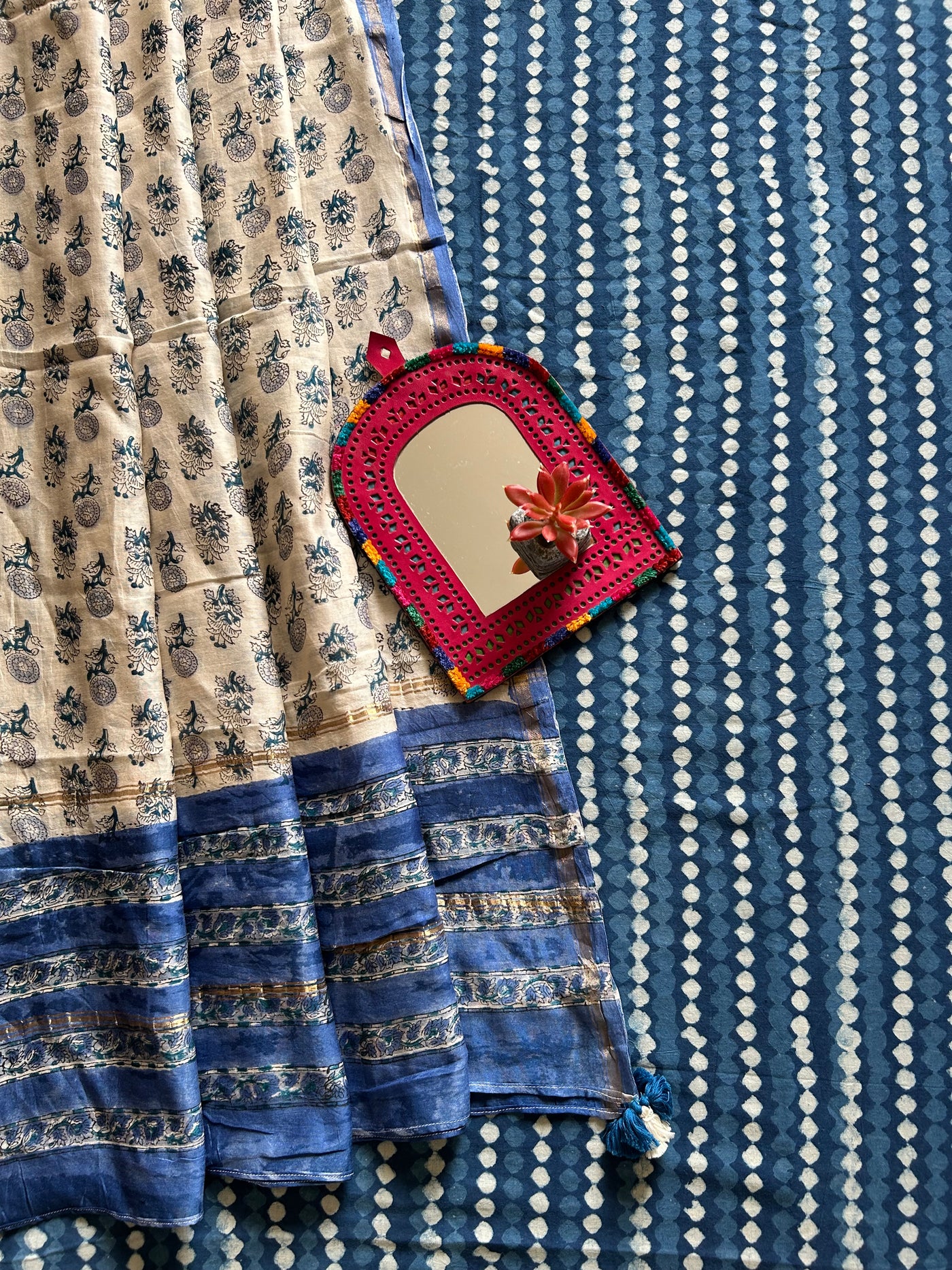 KRISHNA: HANDBLOCK PRINTED COTTON 3 PIECE SUIT SET WITH CHANDERI DUPATTA
