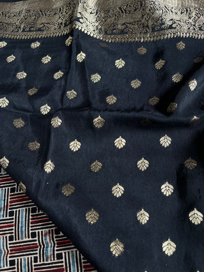 PRACHI:Handblock Ajrakh Dola Silk Saree with Meenakari Pallu