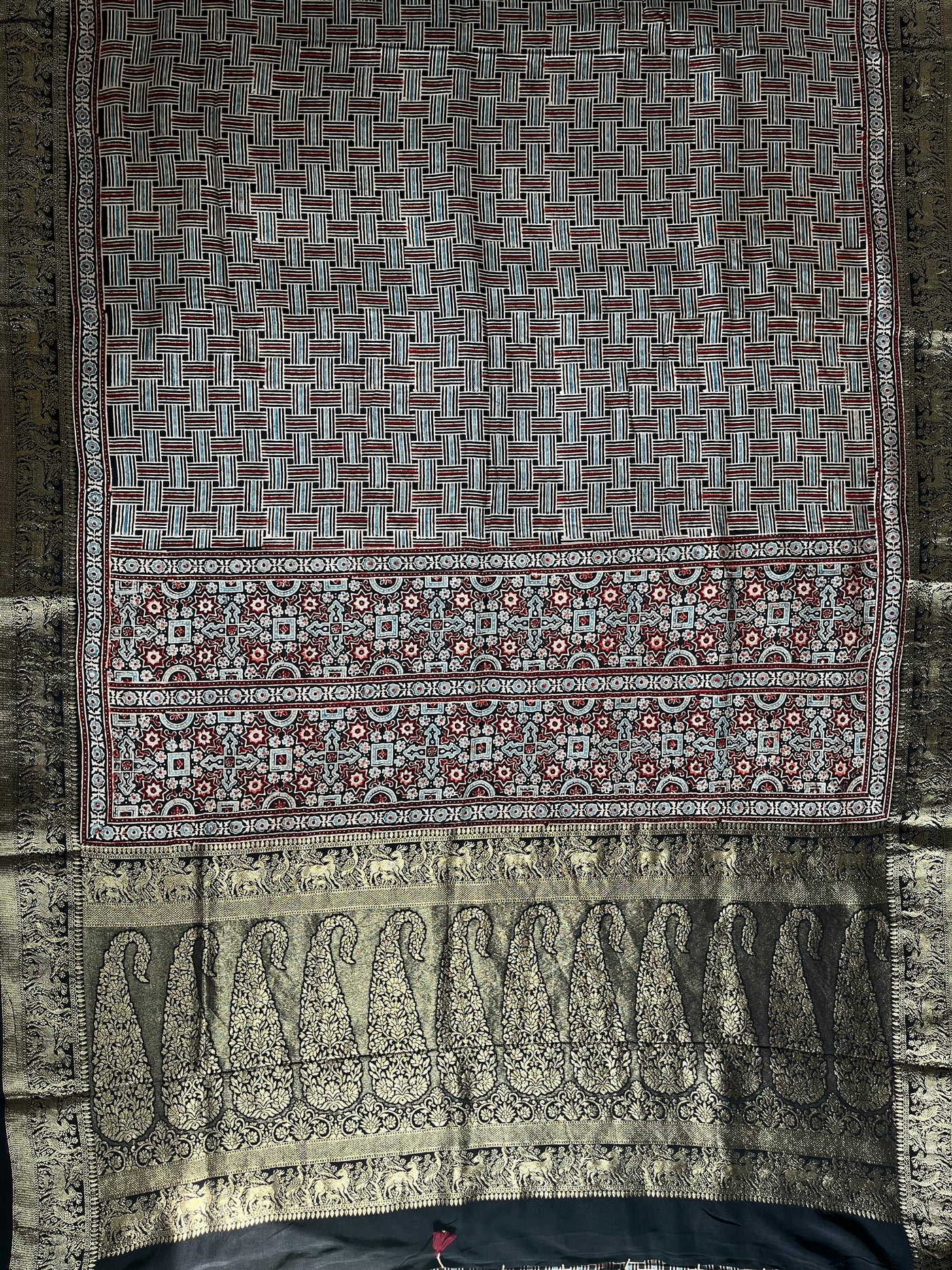 PRACHI:Handblock Ajrakh Dola Silk Saree with Meenakari Pallu