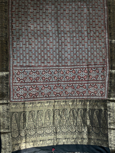 PRACHI:Handblock Ajrakh Dola Silk Saree with Meenakari Pallu