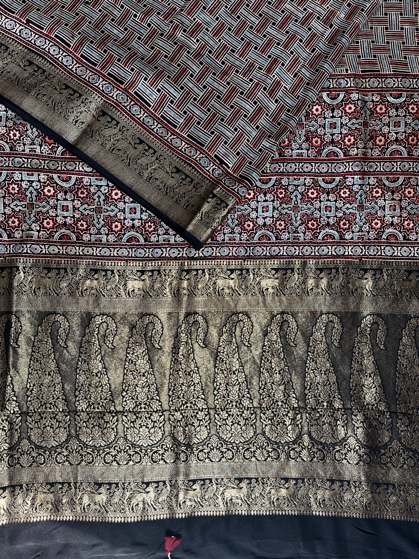 PRACHI:Handblock Ajrakh Dola Silk Saree with Meenakari Pallu